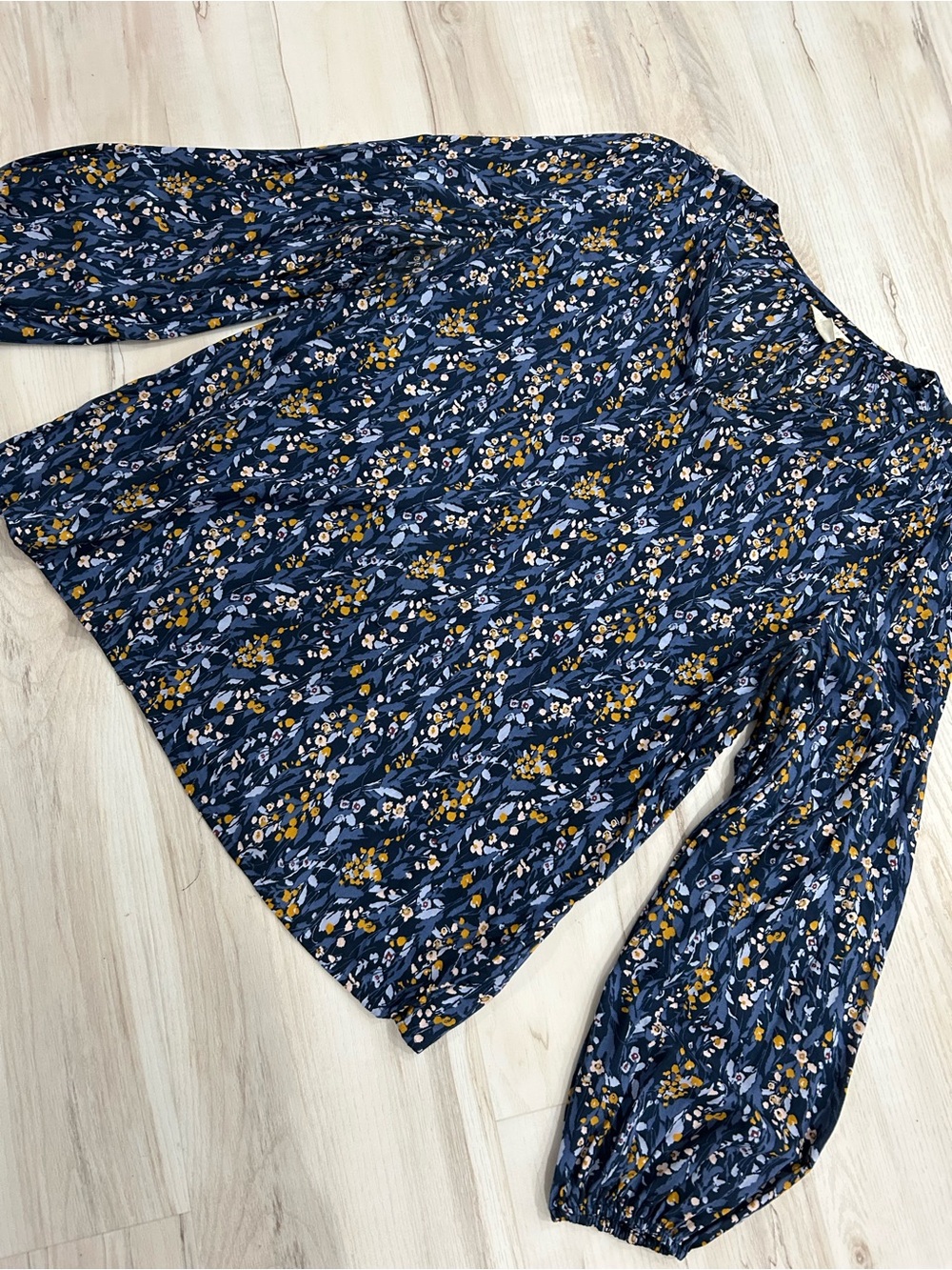 Caslon Navy Floral Balloon-Sleeve Blouse with Mustard Accents